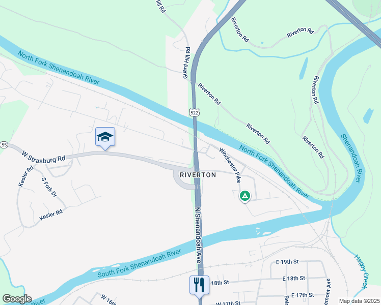 map of restaurants, bars, coffee shops, grocery stores, and more near 3 West Duck Street in Front Royal