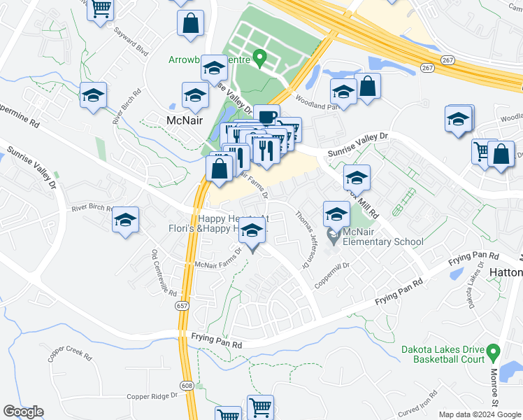 map of restaurants, bars, coffee shops, grocery stores, and more near 2491 Quick Street in Herndon