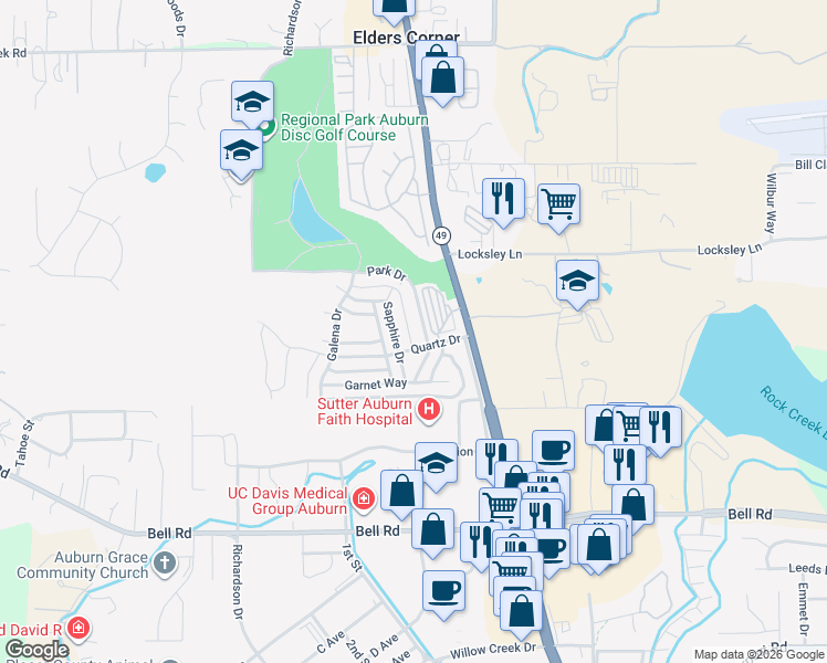 map of restaurants, bars, coffee shops, grocery stores, and more near 11662 Quartz Drive in Auburn