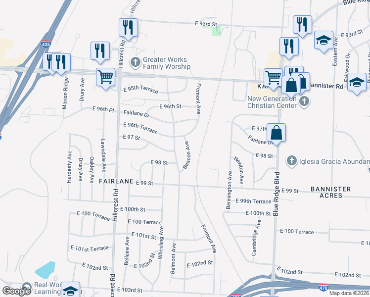 map of restaurants, bars, coffee shops, grocery stores, and more near 9702 Beacon Avenue in Kansas City