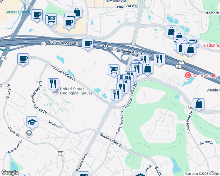map of restaurants, bars, coffee shops, grocery stores, and more near 11990 Haefield Way in Reston