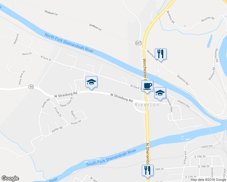 map of restaurants, bars, coffee shops, grocery stores, and more near 140 West Strasburg Road in Front Royal