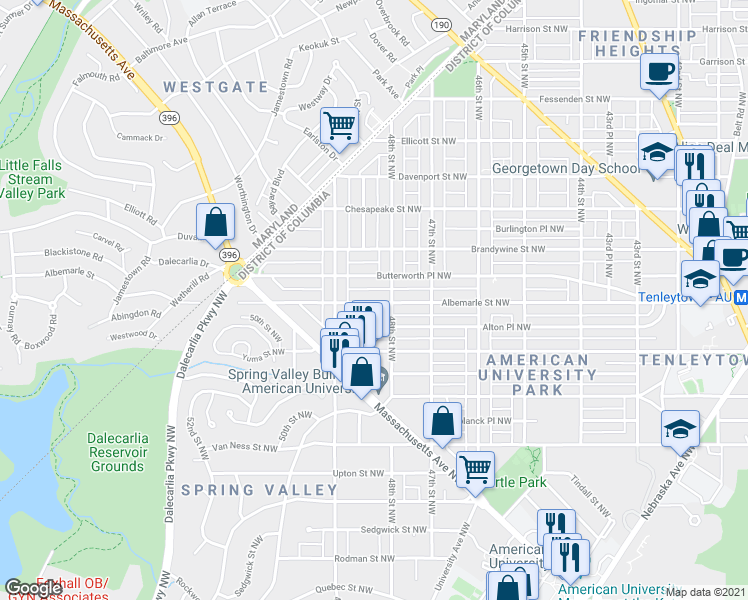 map of restaurants, bars, coffee shops, grocery stores, and more near 4815 Albemarle Street Northwest in Washington