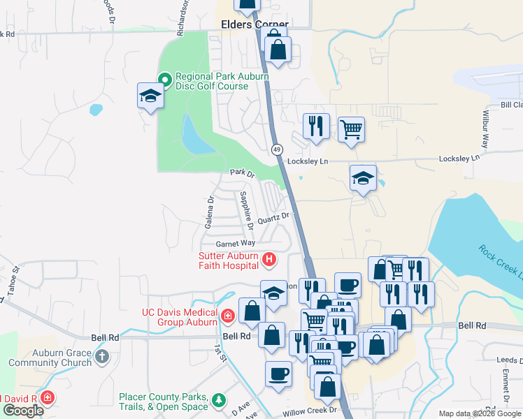 map of restaurants, bars, coffee shops, grocery stores, and more near 11662 Quartz Drive in Auburn