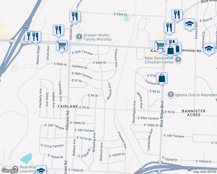 map of restaurants, bars, coffee shops, grocery stores, and more near 9702 Beacon Avenue in Kansas City