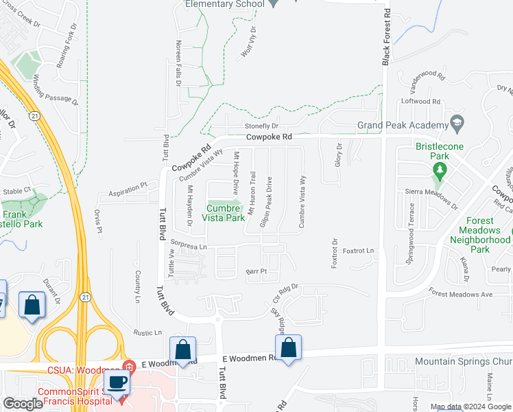 map of restaurants, bars, coffee shops, grocery stores, and more near 7977 Mount Huron Trail in Colorado Springs