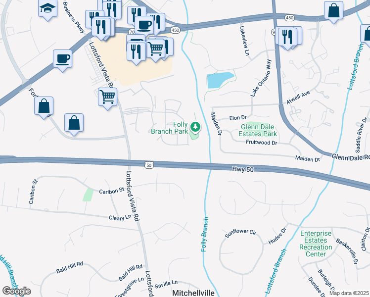 map of restaurants, bars, coffee shops, grocery stores, and more near 4106 Lavender Lane in Bowie