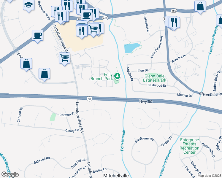 map of restaurants, bars, coffee shops, grocery stores, and more near 4106 Lavender Lane in Bowie