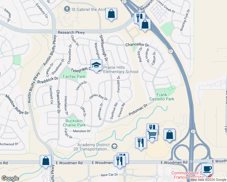 map of restaurants, bars, coffee shops, grocery stores, and more near 8029 Scarborough Drive in Colorado Springs