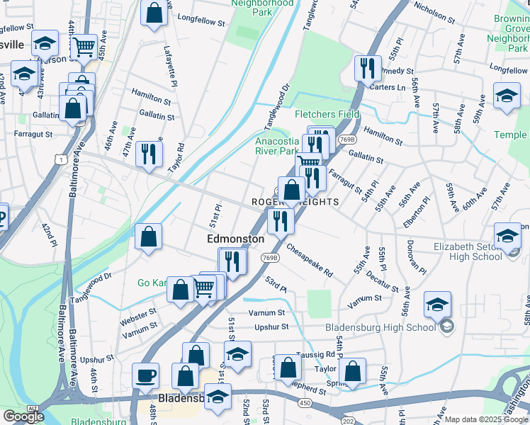 map of restaurants, bars, coffee shops, grocery stores, and more near Kenilworth Ave & Decatur St in Edmonston