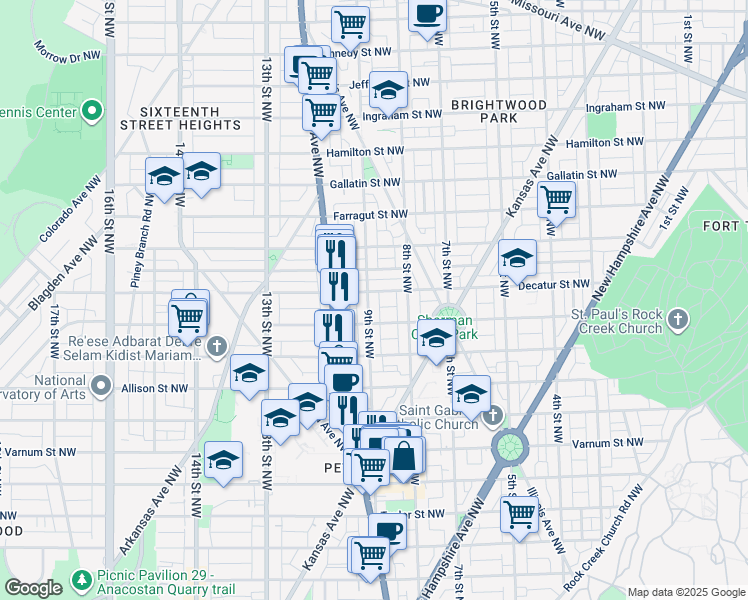 map of restaurants, bars, coffee shops, grocery stores, and more near 4725 9th Street Northwest in Washington