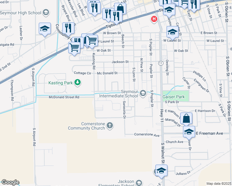 map of restaurants, bars, coffee shops, grocery stores, and more near 705 Pine Tree Court in Seymour