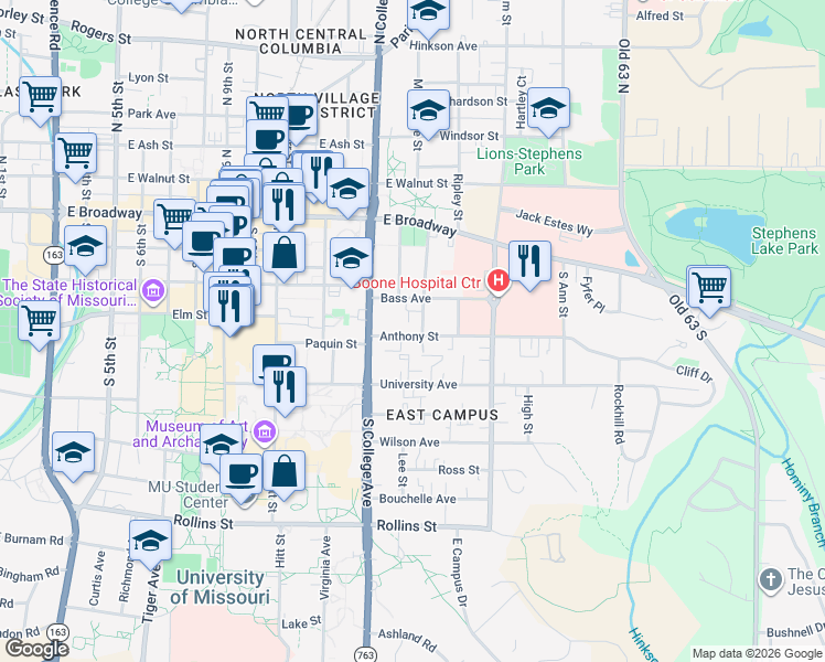 map of restaurants, bars, coffee shops, grocery stores, and more near 1319 Anthony Street in Columbia
