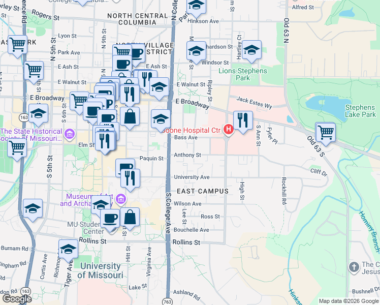map of restaurants, bars, coffee shops, grocery stores, and more near 1321 Anthony Street in Columbia