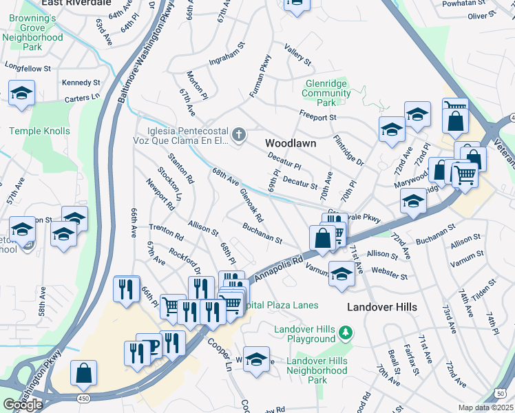 map of restaurants, bars, coffee shops, grocery stores, and more near 4819 Glenoak Road in Hyattsville