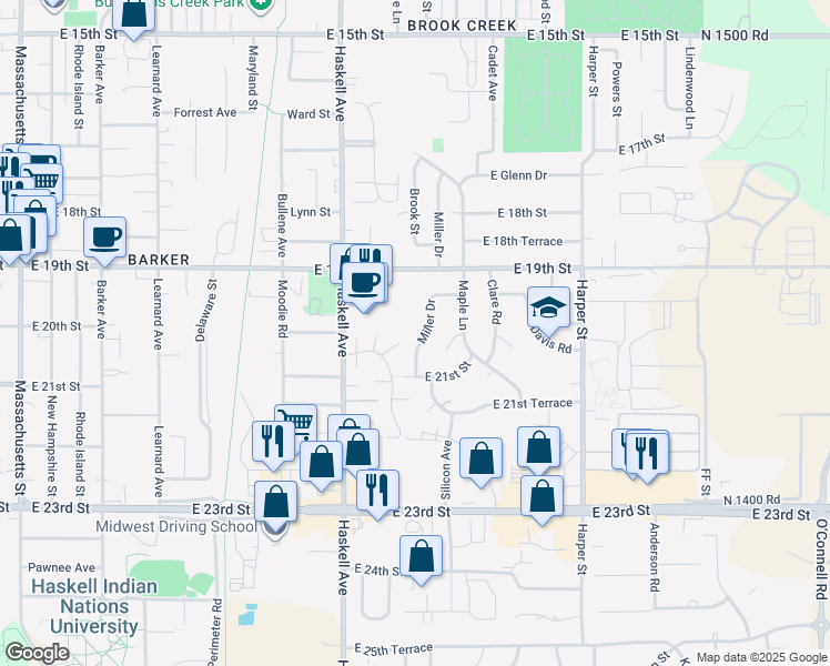map of restaurants, bars, coffee shops, grocery stores, and more near 1304 Fair Lane in Lawrence