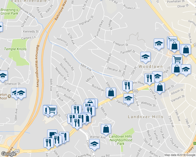 map of restaurants, bars, coffee shops, grocery stores, and more near 4819 Glenoak Road in Hyattsville