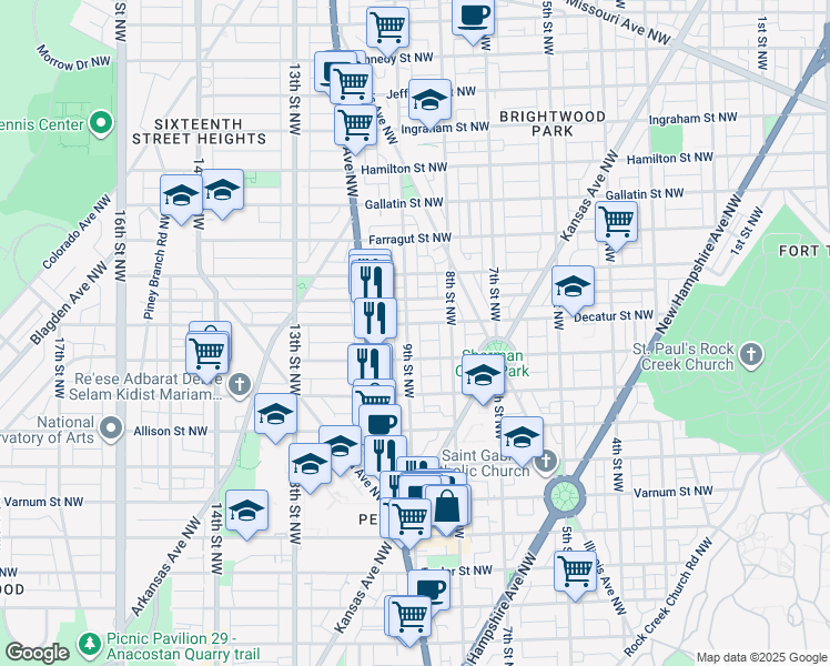 map of restaurants, bars, coffee shops, grocery stores, and more near 4725 9th Street Northwest in Washington