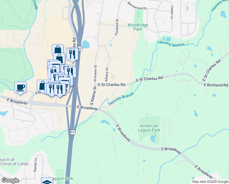 map of restaurants, bars, coffee shops, grocery stores, and more near 3300-3302 Saint Charles Road in Columbia