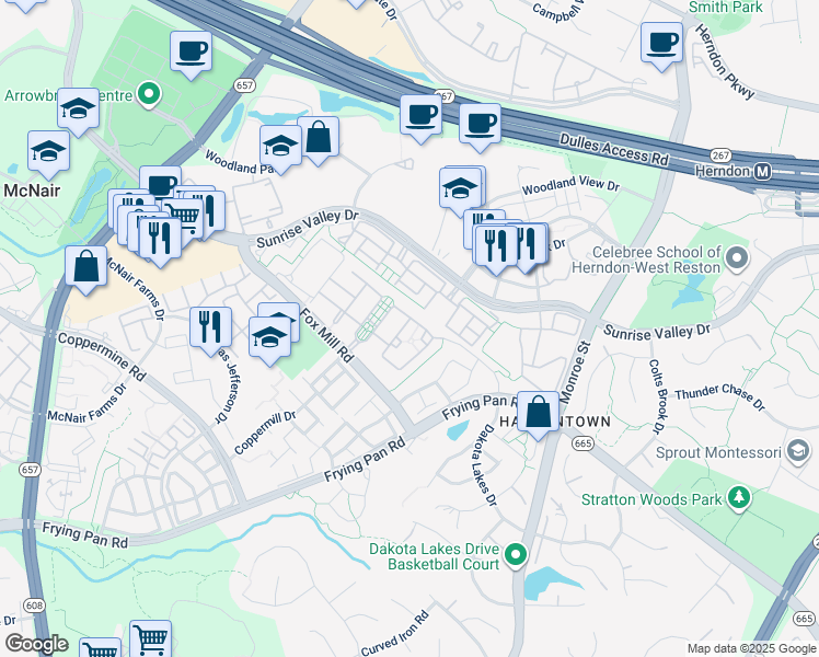 map of restaurants, bars, coffee shops, grocery stores, and more near 2470 Cypress Green Lane in Herndon