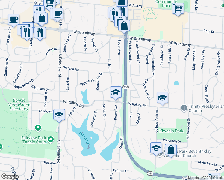 map of restaurants, bars, coffee shops, grocery stores, and more near 2201 West Rollins Road in Columbia