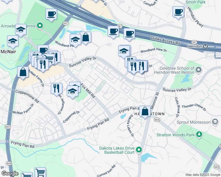 map of restaurants, bars, coffee shops, grocery stores, and more near 2470 Cypress Green Lane in Herndon