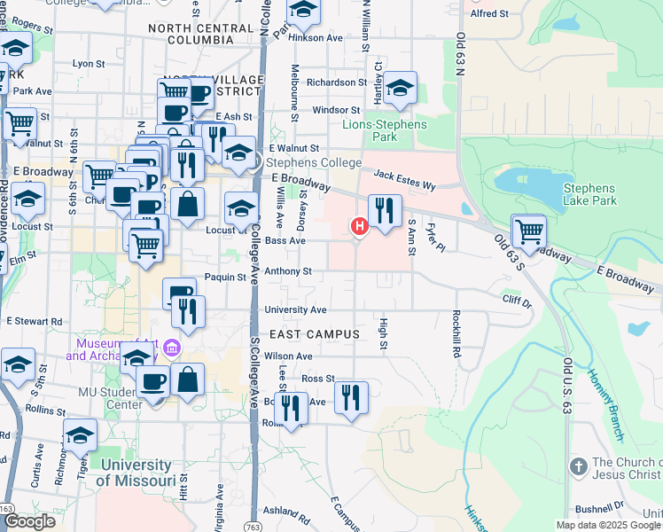 map of restaurants, bars, coffee shops, grocery stores, and more near 1501 Anthony Street in Columbia