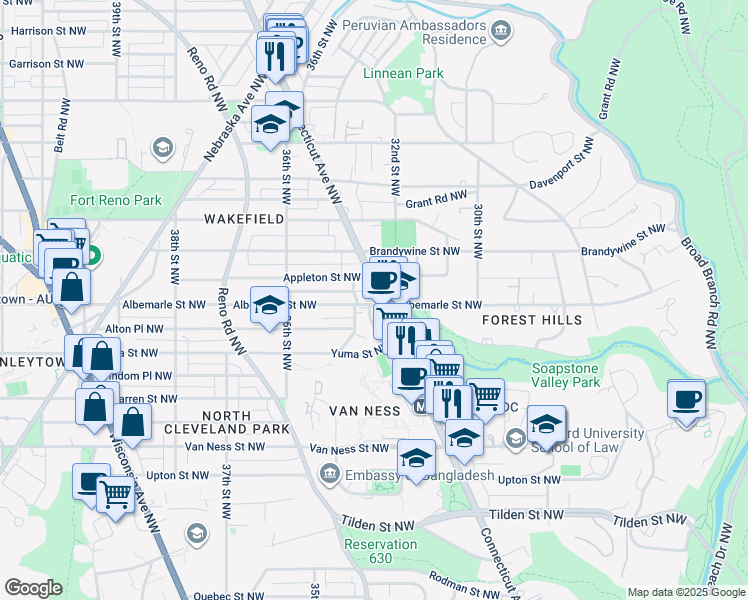 map of restaurants, bars, coffee shops, grocery stores, and more near 4500 Connecticut Avenue Northwest in Washington