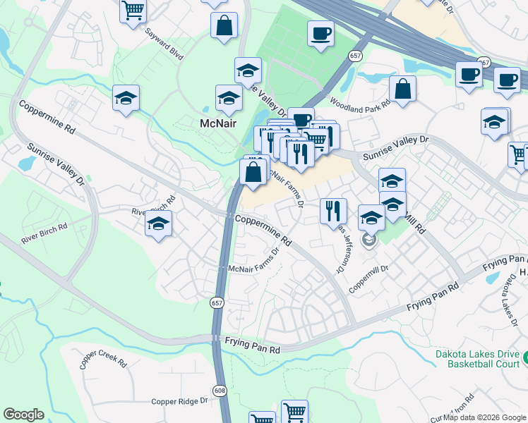 map of restaurants, bars, coffee shops, grocery stores, and more near 13430 Coppermine Road in Herndon