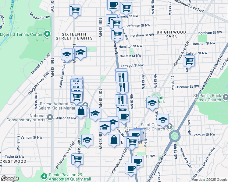 map of restaurants, bars, coffee shops, grocery stores, and more near 1208 Decatur Street Northwest in Washington