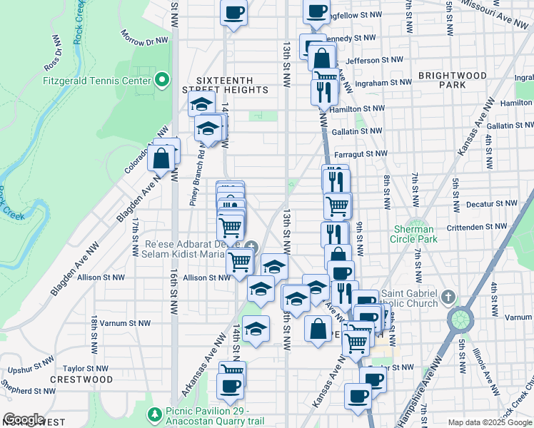 map of restaurants, bars, coffee shops, grocery stores, and more near 1310 Decatur Street Northwest in Washington