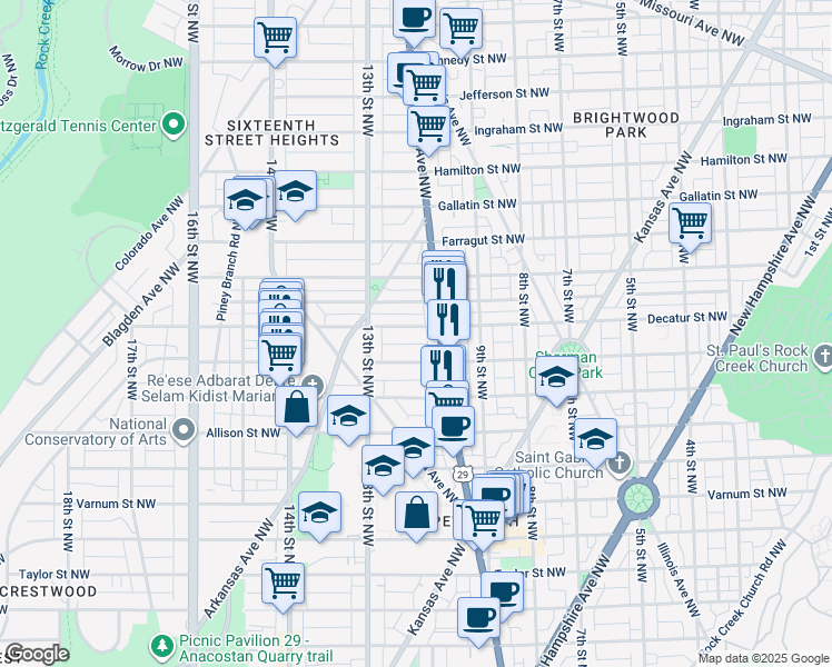map of restaurants, bars, coffee shops, grocery stores, and more near 1208 Decatur Street Northwest in Washington