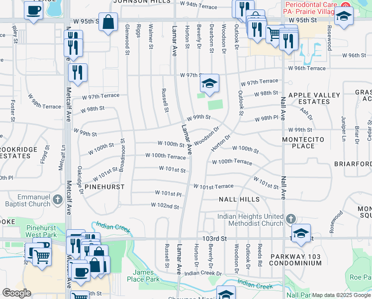 map of restaurants, bars, coffee shops, grocery stores, and more near 6300 West 100th Terrace in Overland Park