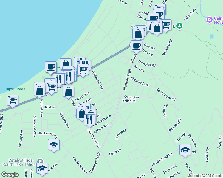 map of restaurants, bars, coffee shops, grocery stores, and more near 3778 Aspen Avenue in South Lake Tahoe