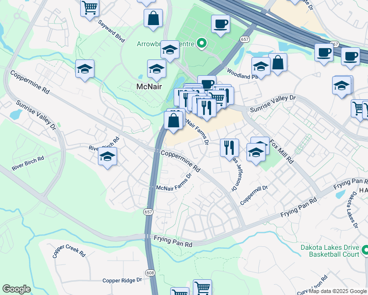 map of restaurants, bars, coffee shops, grocery stores, and more near 13430 Coppermine Road in Herndon