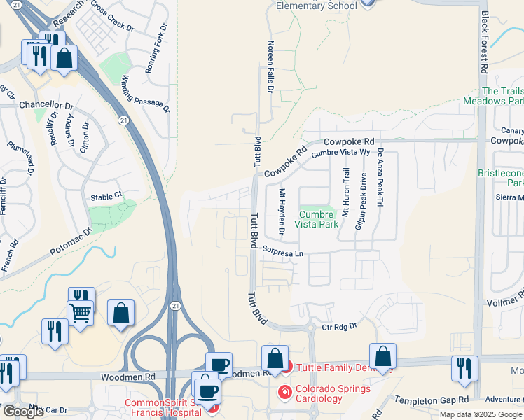 map of restaurants, bars, coffee shops, grocery stores, and more near 5948 Cumbre Vista Way in Colorado Springs