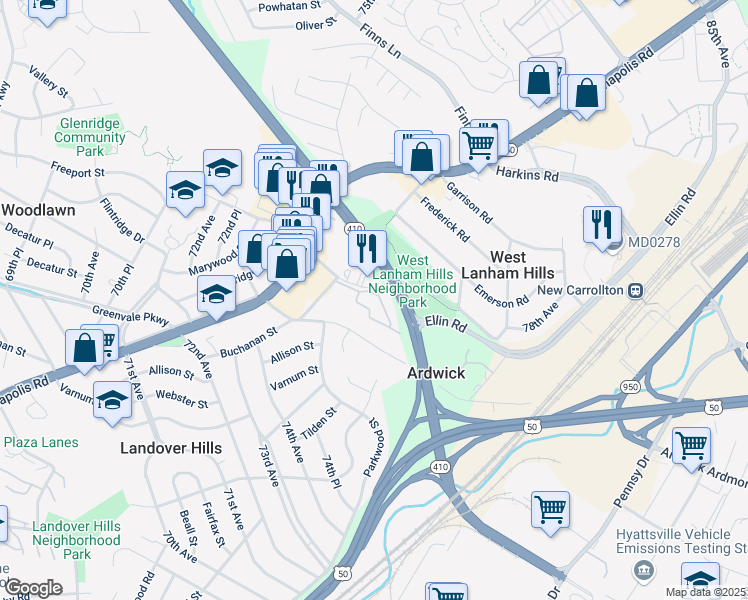 map of restaurants, bars, coffee shops, grocery stores, and more near 7509 Buchanan Street in Hyattsville