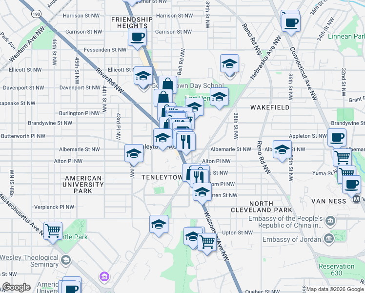 map of restaurants, bars, coffee shops, grocery stores, and more near 4501 Wisconsin Avenue Northwest in Washington