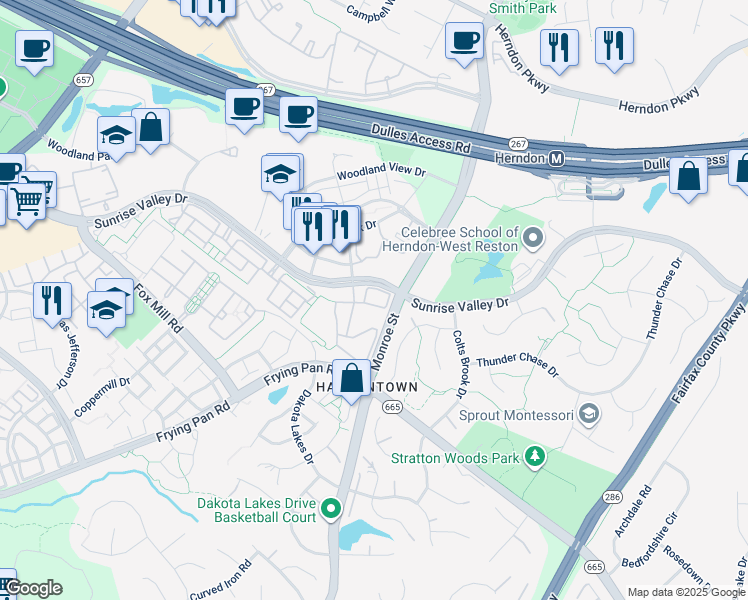 map of restaurants, bars, coffee shops, grocery stores, and more near 12917 Wood Crescent Circle in Herndon