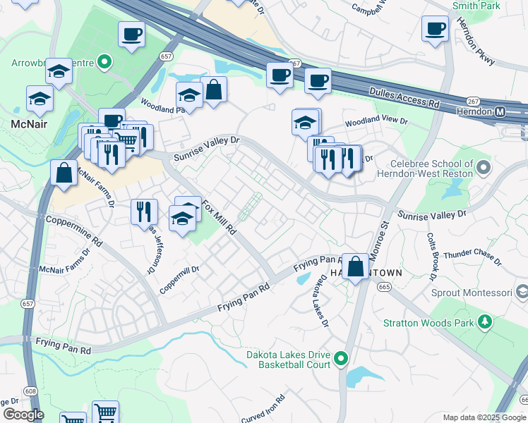 map of restaurants, bars, coffee shops, grocery stores, and more near 2465 Cypress Green Lane in Herndon