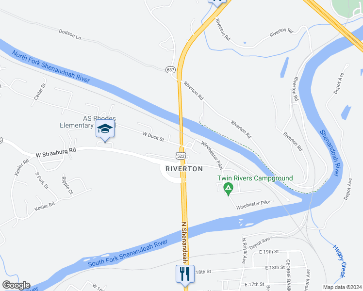 map of restaurants, bars, coffee shops, grocery stores, and more near 1 West Duck Street in Front Royal