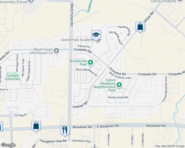map of restaurants, bars, coffee shops, grocery stores, and more near 7788 Chasewood Loop in Colorado Springs