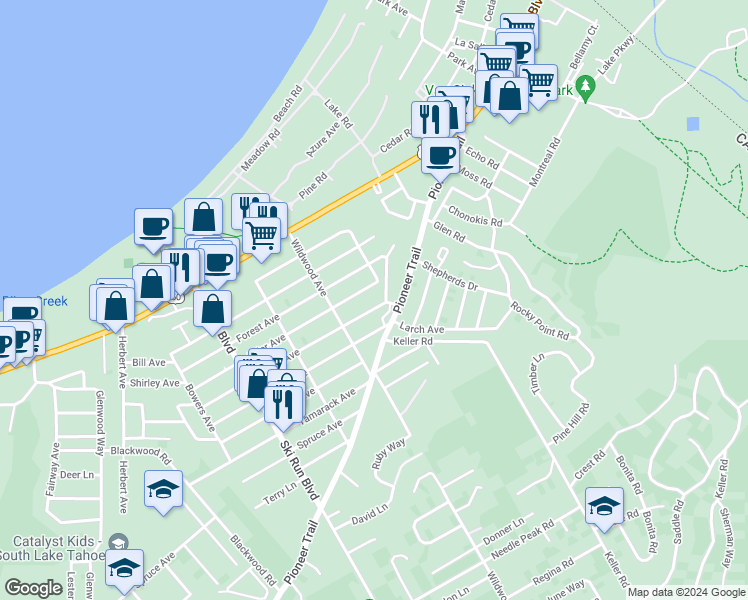 map of restaurants, bars, coffee shops, grocery stores, and more near 3778 Aspen Avenue in South Lake Tahoe