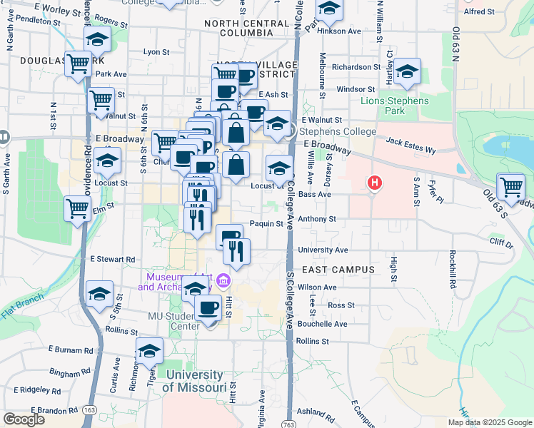 map of restaurants, bars, coffee shops, grocery stores, and more near 1201 Paquin Street in Columbia