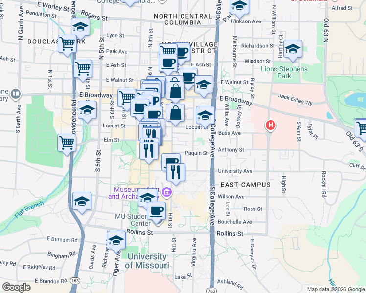 map of restaurants, bars, coffee shops, grocery stores, and more near 1107 Paquin Street in Columbia