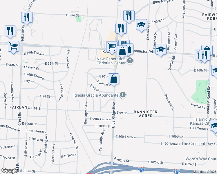 map of restaurants, bars, coffee shops, grocery stores, and more near 6902 East 98 Street in Kansas City