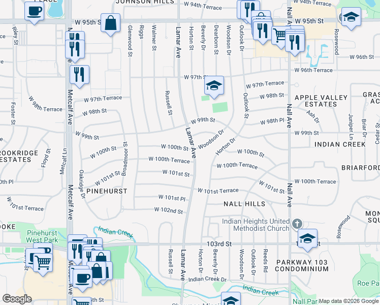 map of restaurants, bars, coffee shops, grocery stores, and more near 6300 West 100th Terrace in Overland Park
