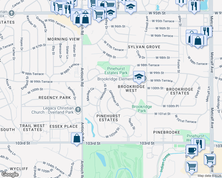map of restaurants, bars, coffee shops, grocery stores, and more near 10059 Goodman Drive in Overland Park
