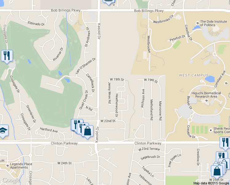 map of restaurants, bars, coffee shops, grocery stores, and more near 2013 Heatherwood Drive in Lawrence