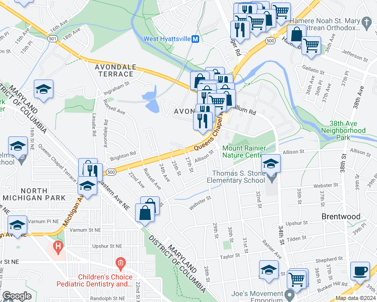 map of restaurants, bars, coffee shops, grocery stores, and more near 2603 Queens Chapel Road in Mount Rainier